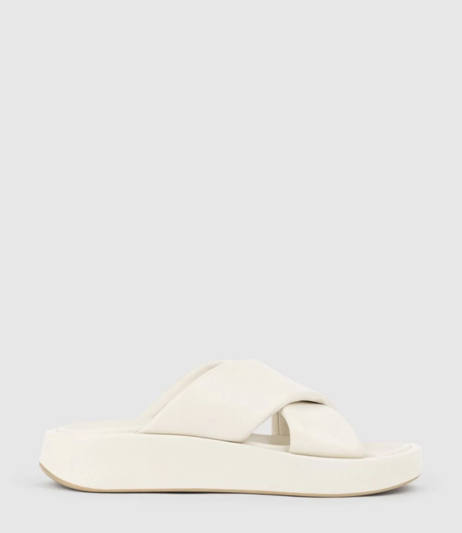 Edward Meller Women's Kamir Crossover Slide Sandals - Chunky Heel Cream Comfortable Footwear