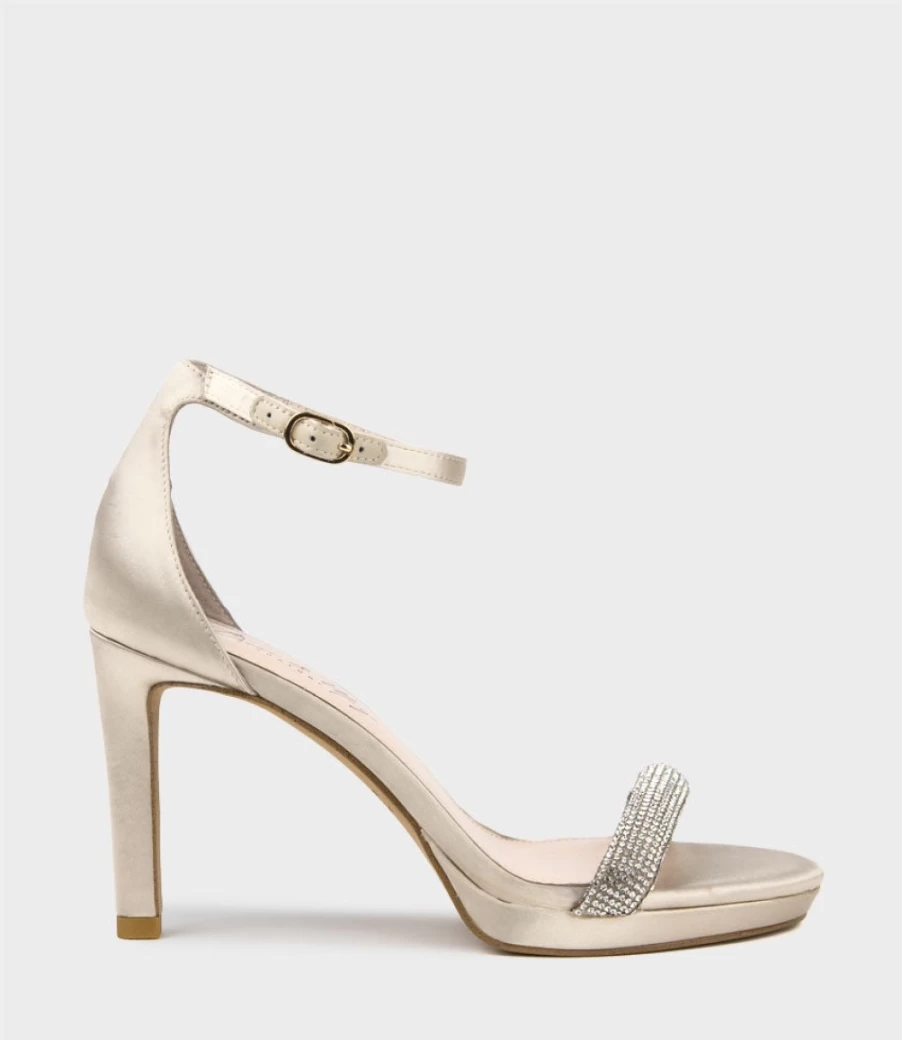 Edward Meller Women's Satina90 Champagne Satin Platform Sandals with Diamond Band