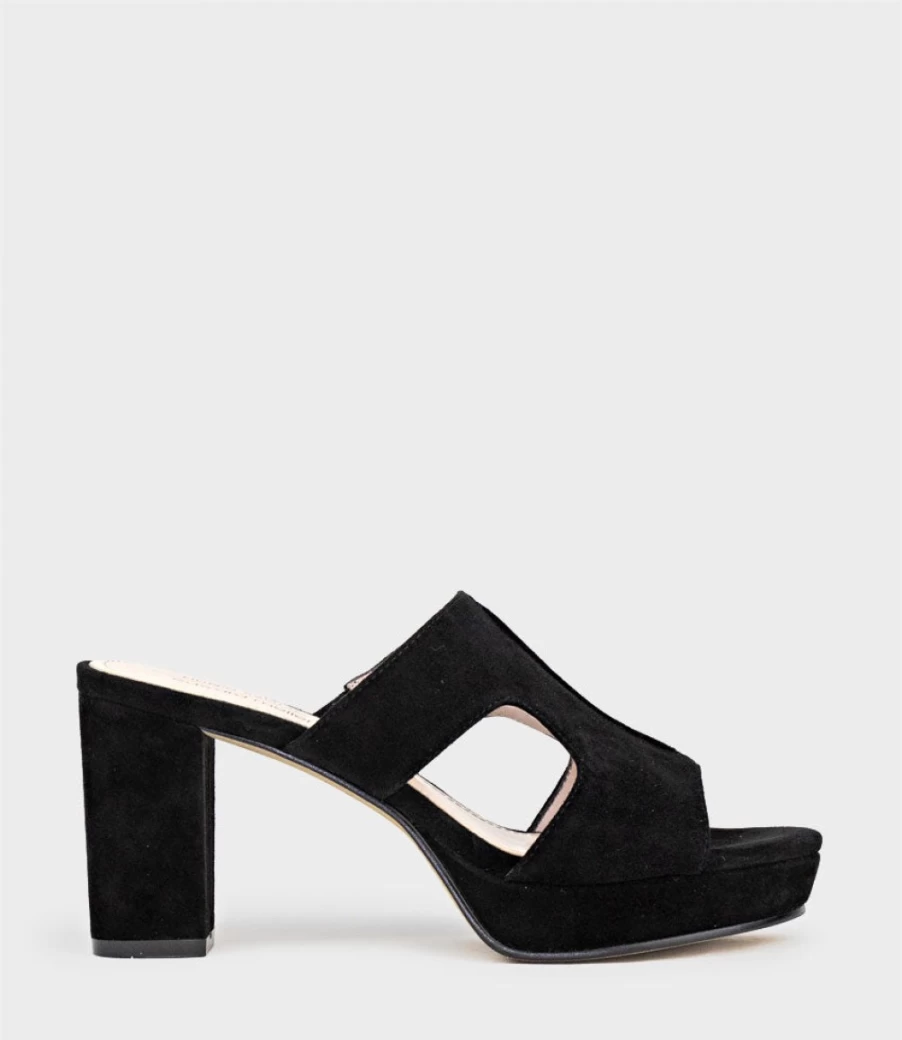 Edward Meller Women's Iris80 Black Suede Platform Slide Sandals with Cut-Out Design