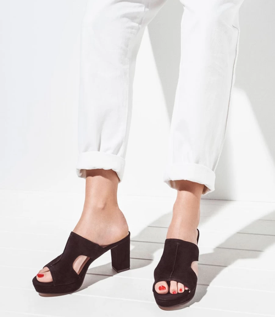 Edward Meller Women's Iris80 Black Suede Platform Slide Sandals with Cut-Out Design