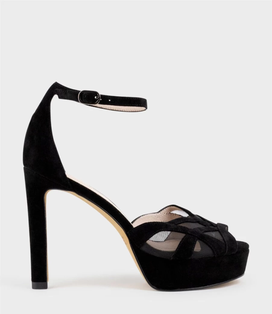 Edward Meller Women's Santana 110 Mesh Lattice Platform Sandal in Black Suede