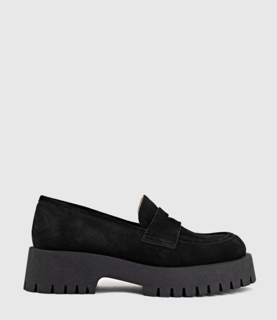 Edward Meller Women's Greville Black Suede Loafers with Lug Sole