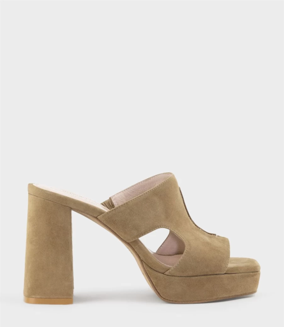 Edward Meller Women's Rylie95 Platform Slide Sandals with Cut-Out Detail in Camel Suede