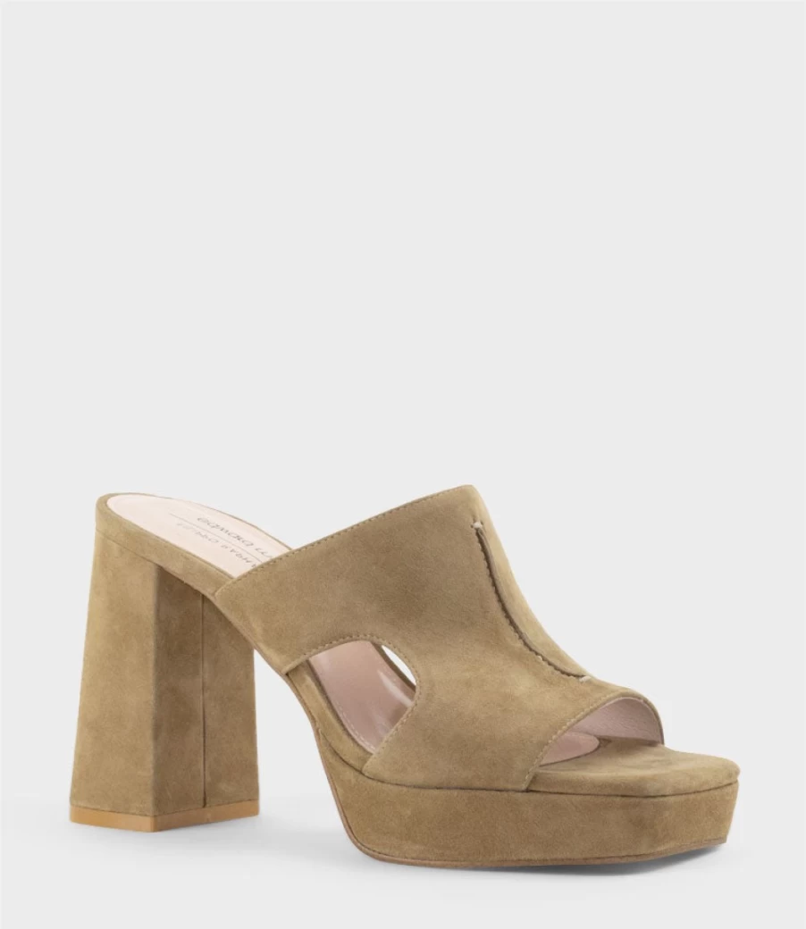 Edward Meller Women's Rylie95 Platform Slide Sandals with Cut-Out Detail in Camel Suede