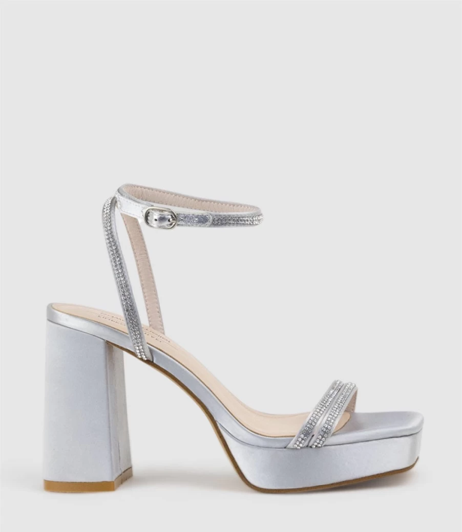 Edward Meller Women's Rasso95 Silver Satin Platform Sandals with Diamante Straps
