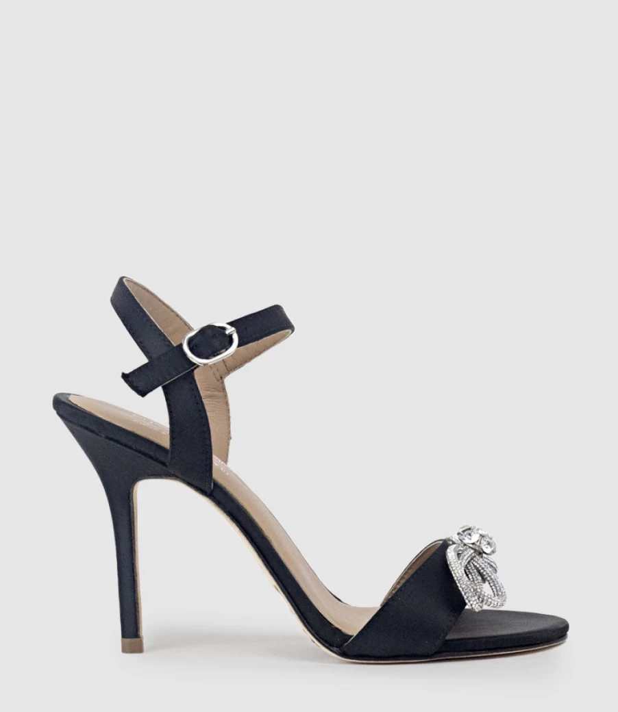 Edward Meller Women's Serene100 Black Satin Sandals with Crystal Bow Detail