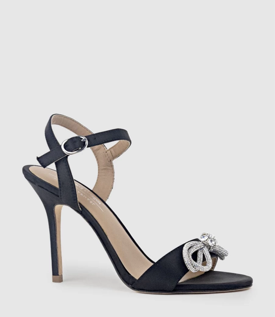 Edward Meller Women's Serene100 Black Satin Sandals with Crystal Bow Detail