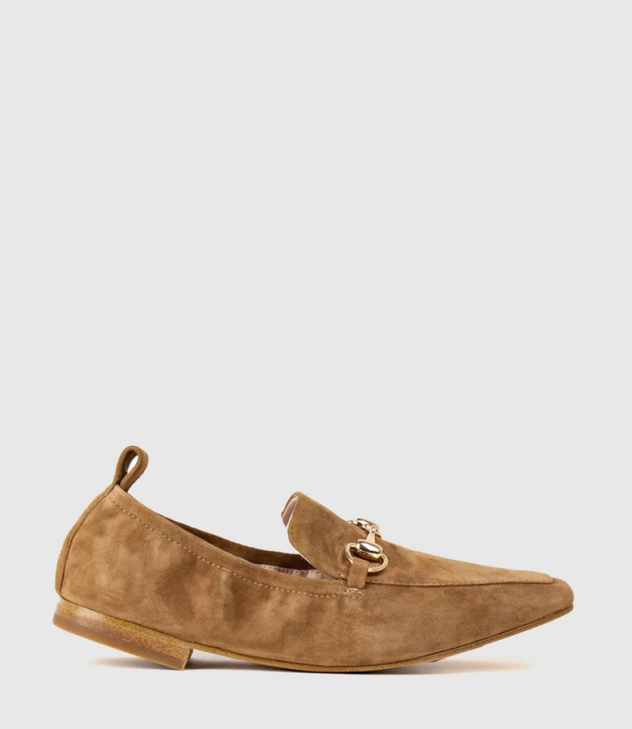Edward Meller Women's Tawny Suede Slippers with Elastic Back and Hardware Detail