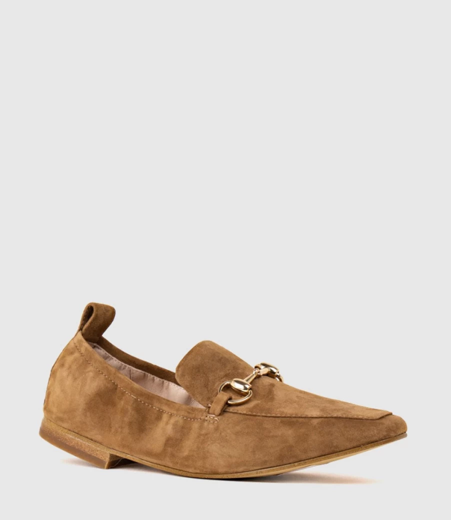 Edward Meller Women's Tawny Suede Slippers with Elastic Back and Hardware Detail