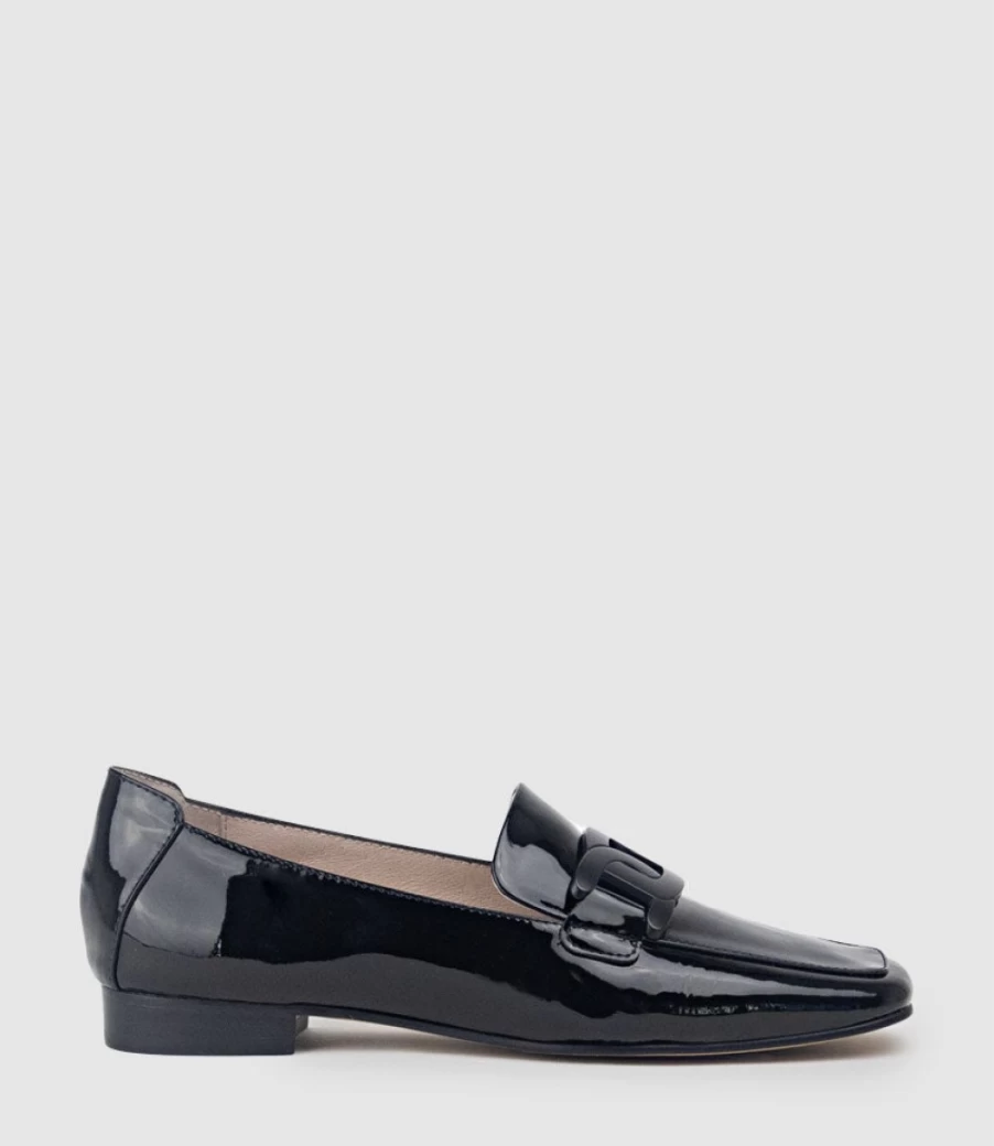 Edward Meller Women's Grady Black Patent Leather Moccasins with Hardware Detail