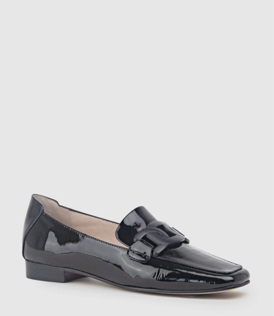 Edward Meller Women's Grady Black Patent Leather Moccasins with Hardware Detail
