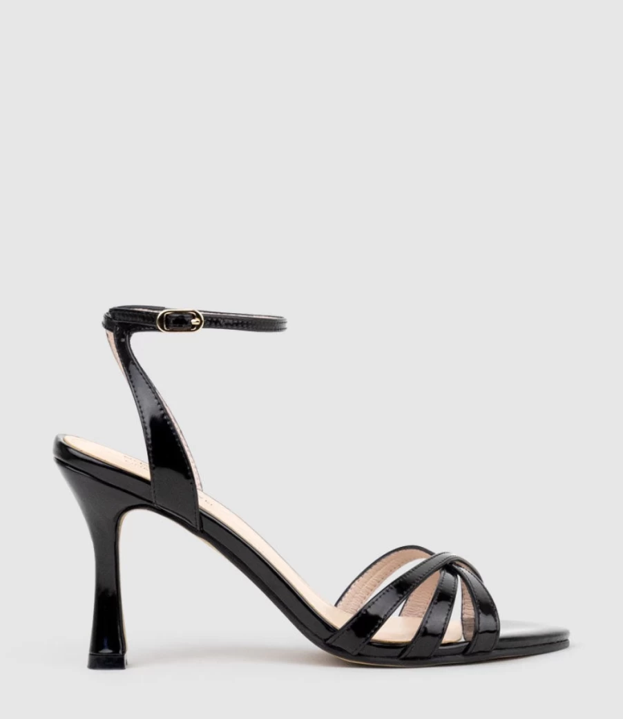 Edward Meller Women's Saige85 Strappy Sandal in Black High Shine - Elegant High Heel Dress Sandals