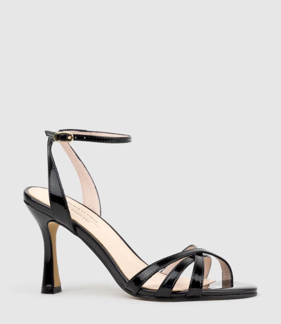 Edward Meller Women's Saige85 Strappy Sandal in Black High Shine - Elegant High Heel Dress Sandals