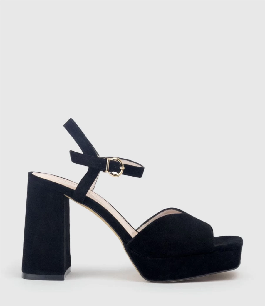 Edward Meller Women's Rhiana95 V Throat Platform Sandal - Black Suede Heels