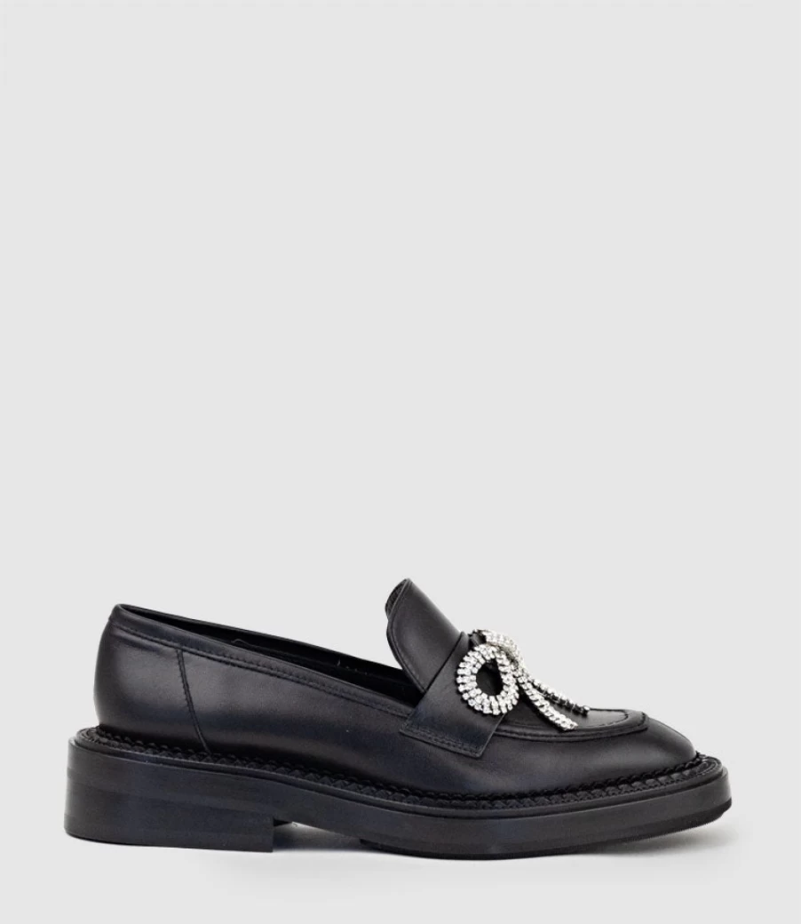 Edward Meller Women's Black Gael Moccasin with Crystal Bow Elegant Slip-On Shoes