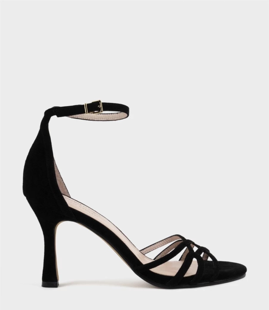 Edward Meller Women's Siena85 Multistrap Sandal - Black Suede Strappy Summer Footwear