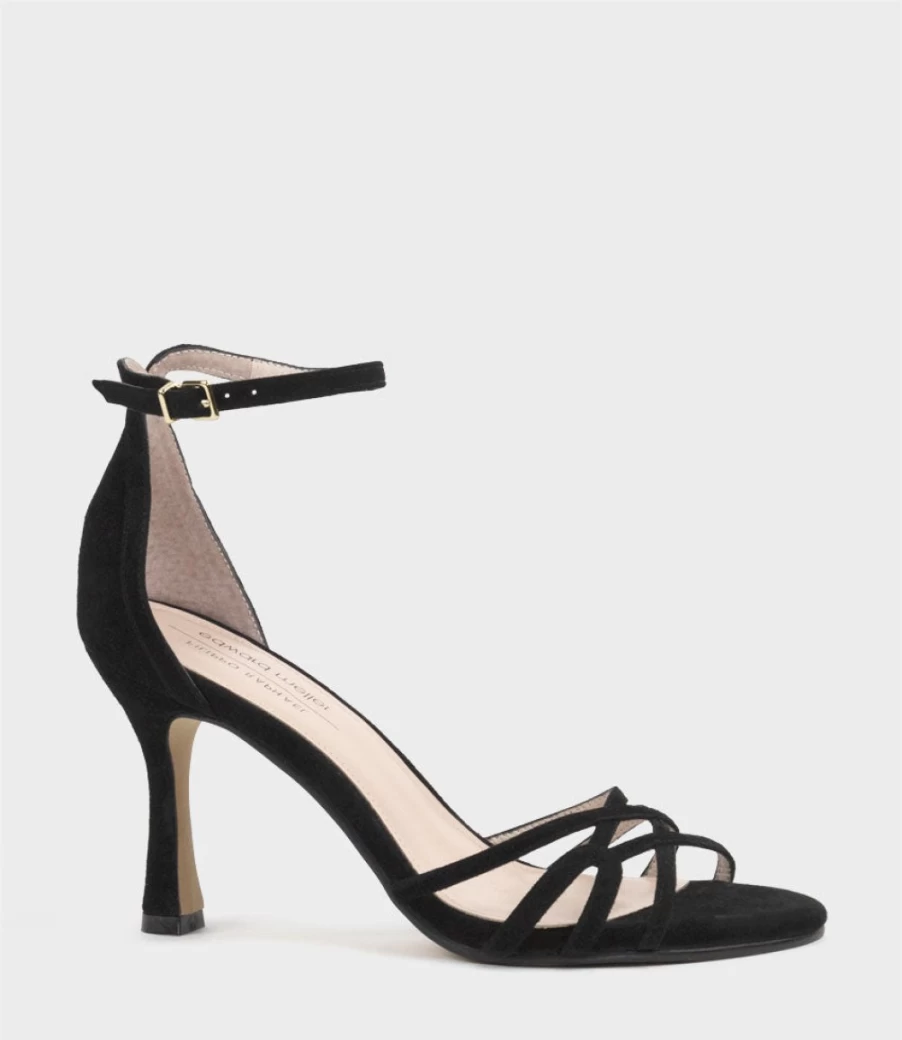 Edward Meller Women's Siena85 Multistrap Sandal - Black Suede Strappy Summer Footwear