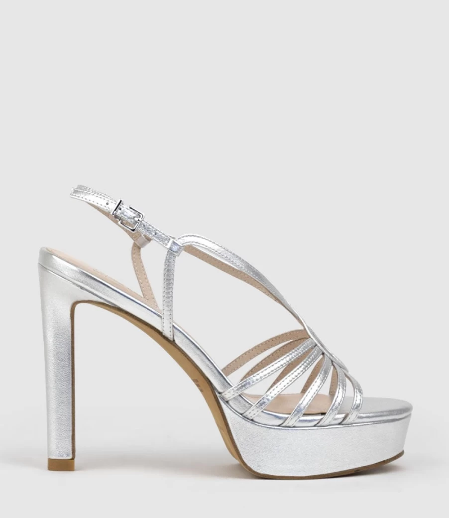 Edward Meller Women's Sienna110 Silver Strappy Platform Sandals - Fashion High Heel Summer Shoes