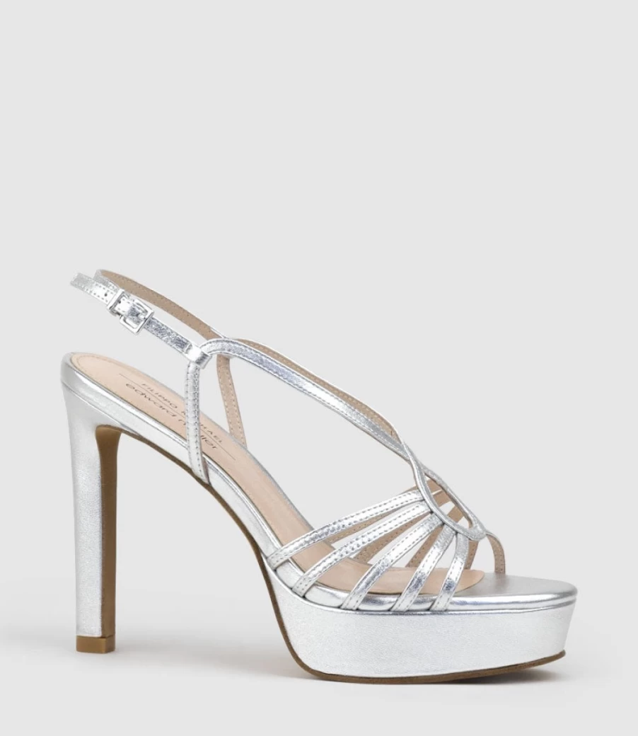 Edward Meller Women's Sienna110 Silver Strappy Platform Sandals - Fashion High Heel Summer Shoes