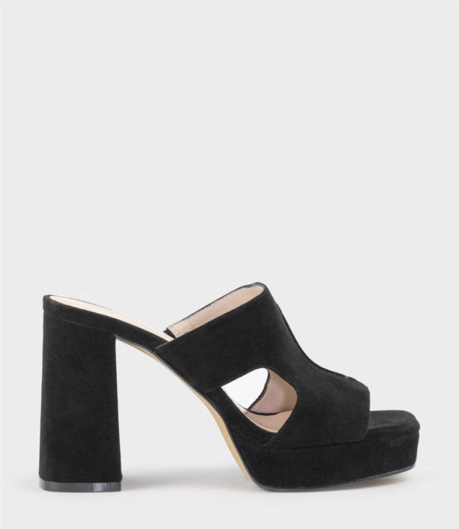 Edward Meller Women's Rylie95 Black Suede Platform Slide Sandals with Cut-Out Design
