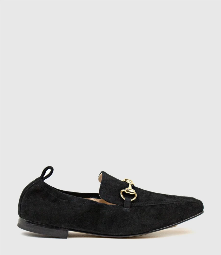 Edward Meller Women's Black Suede Slippers with Elastic Back & Hardware Detail
