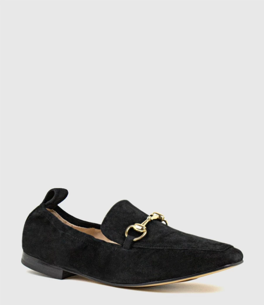 Edward Meller Women's Black Suede Slippers with Elastic Back & Hardware Detail