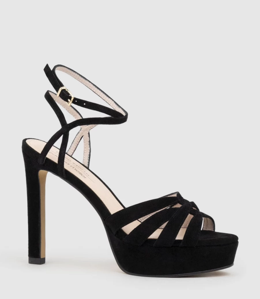 Edward Meller Women's Syren110 Black Suede Ankle Wrap Platform Sandals