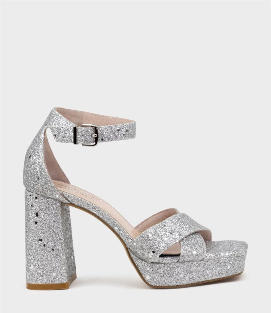 Edward Meller Women's Richie95 Crossover Platform Sandal in Silver Sparkle