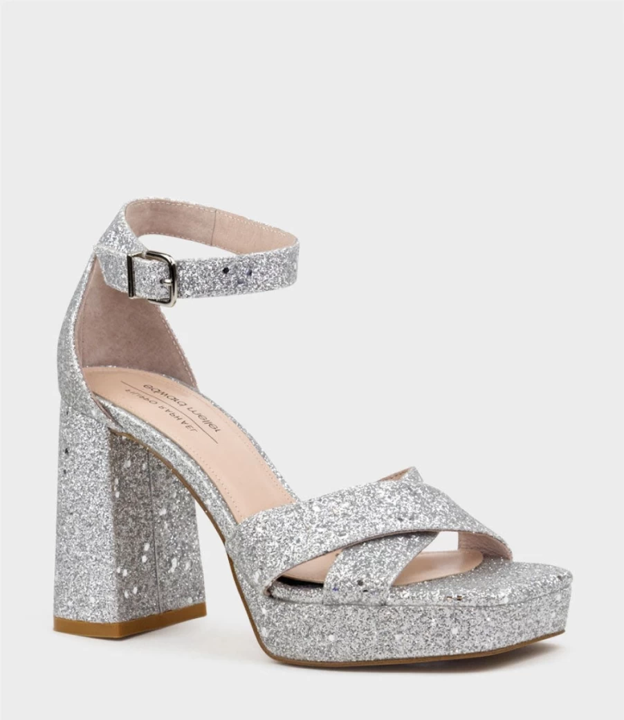 Edward Meller Women's Richie95 Crossover Platform Sandal in Silver Sparkle