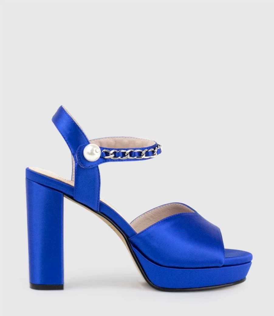 Edward Meller Women's Regan100 Cobalt Satin Platform Sandal with Chain Detail