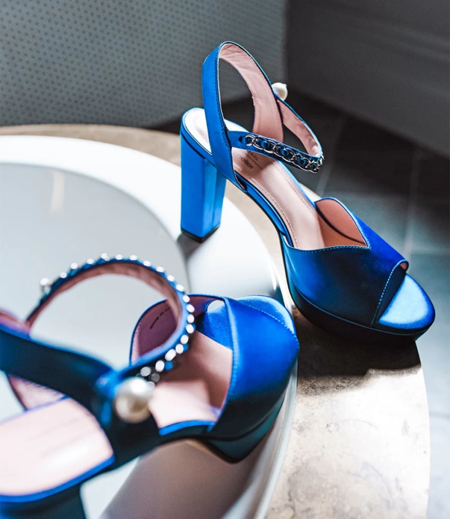 Edward Meller Women's Regan100 Cobalt Satin Platform Sandal with Chain Detail