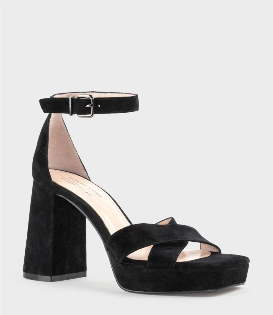 Edward Meller Women's Richie95 Black Suede Crossover Platform Sandal