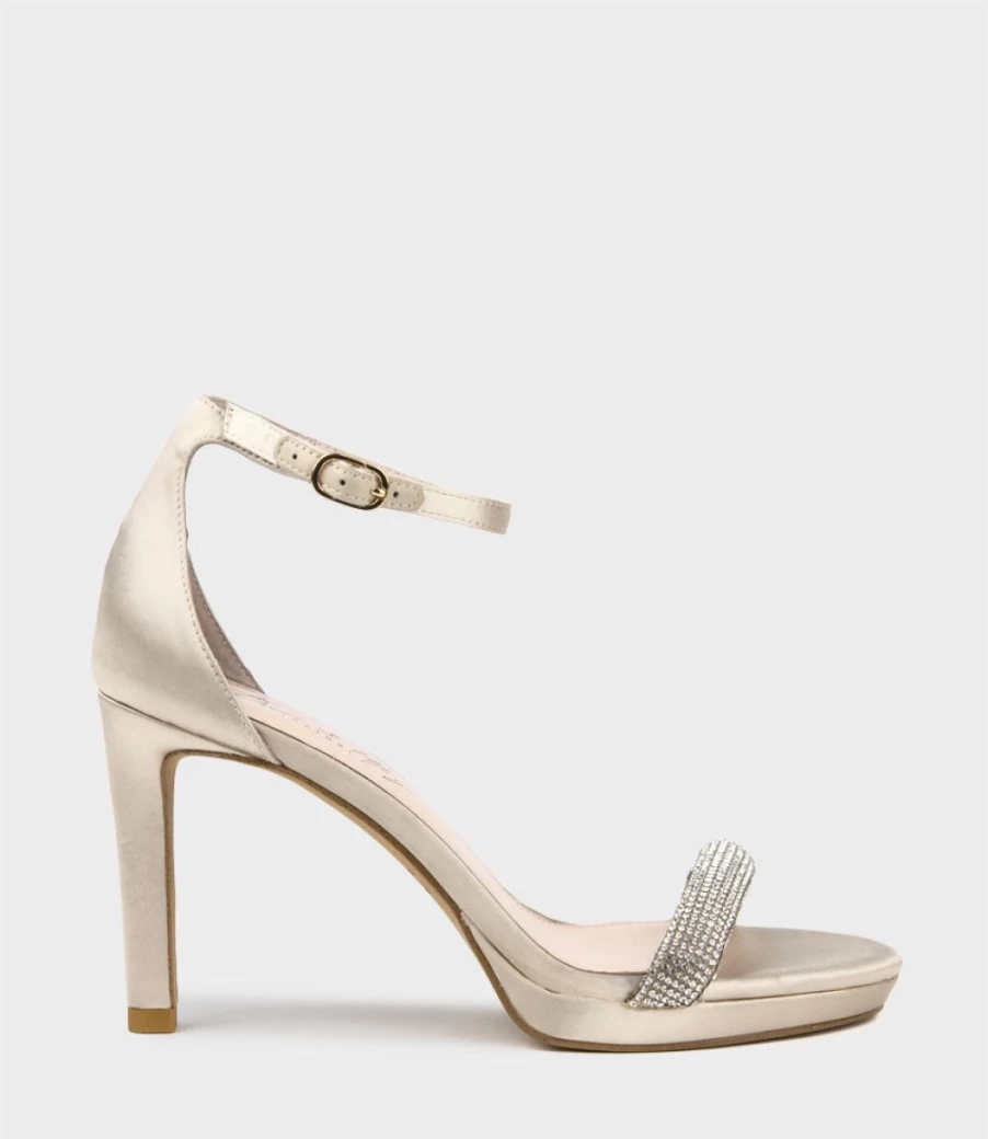 Edward Meller Women's Satina90 Champagne Satin Platform Sandals with Diamond Band