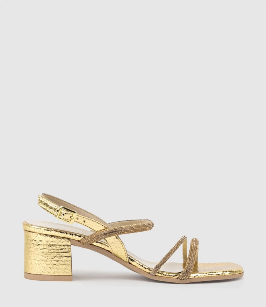 Edward Meller Women's Gold Crystal Block Heel Sandals - Soiree50 Elegant Party Shoes