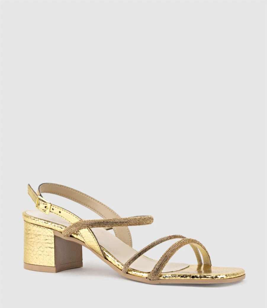 Edward Meller Women's Gold Crystal Block Heel Sandals - Soiree50 Elegant Party Shoes
