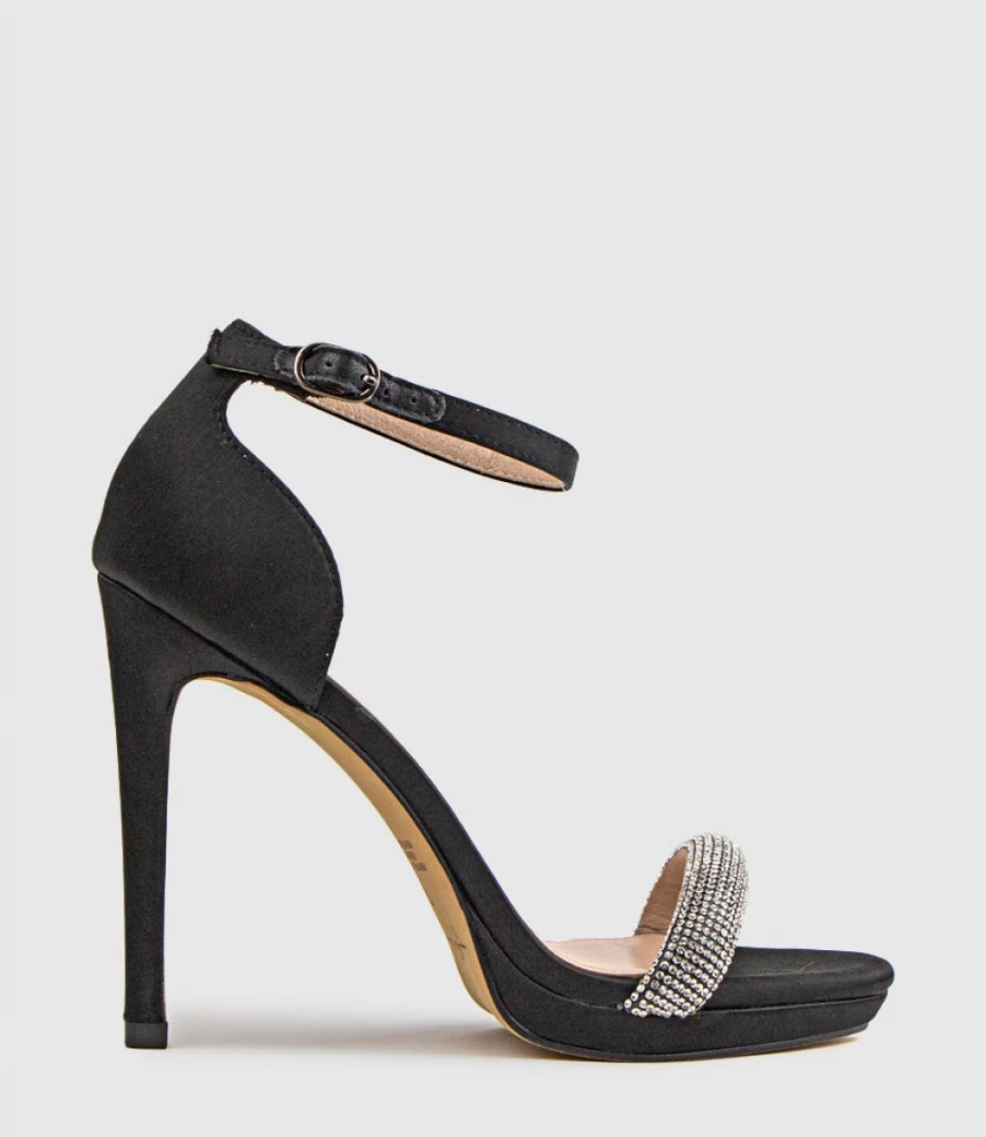 Edward Meller Women's Wistful110 Black Satin Diamond Band Platform Sandals