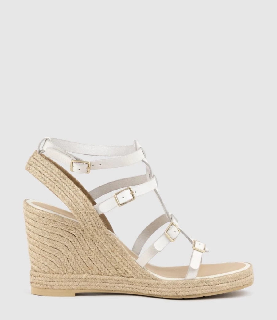 Edward Meller Women's Multi Buckle Espadrille Sandals in Off-White | Casual Summer Wedges