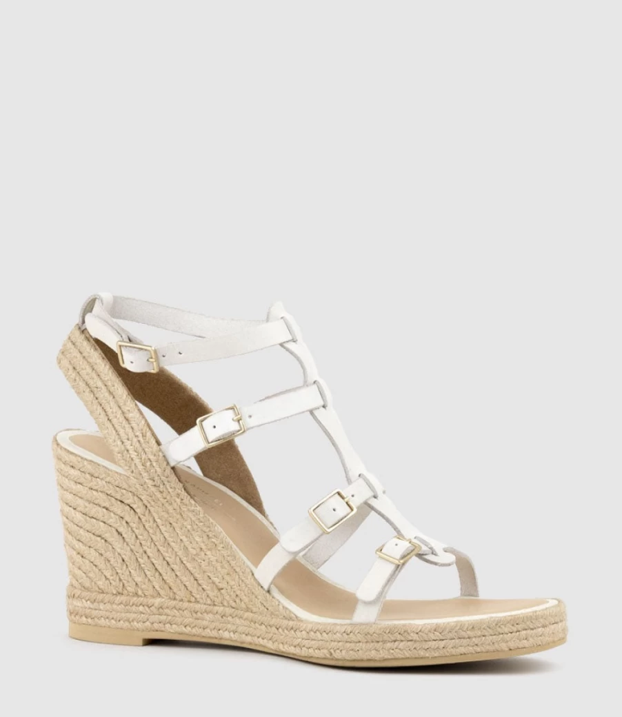 Edward Meller Women's Multi Buckle Espadrille Sandals in Off-White | Casual Summer Wedges