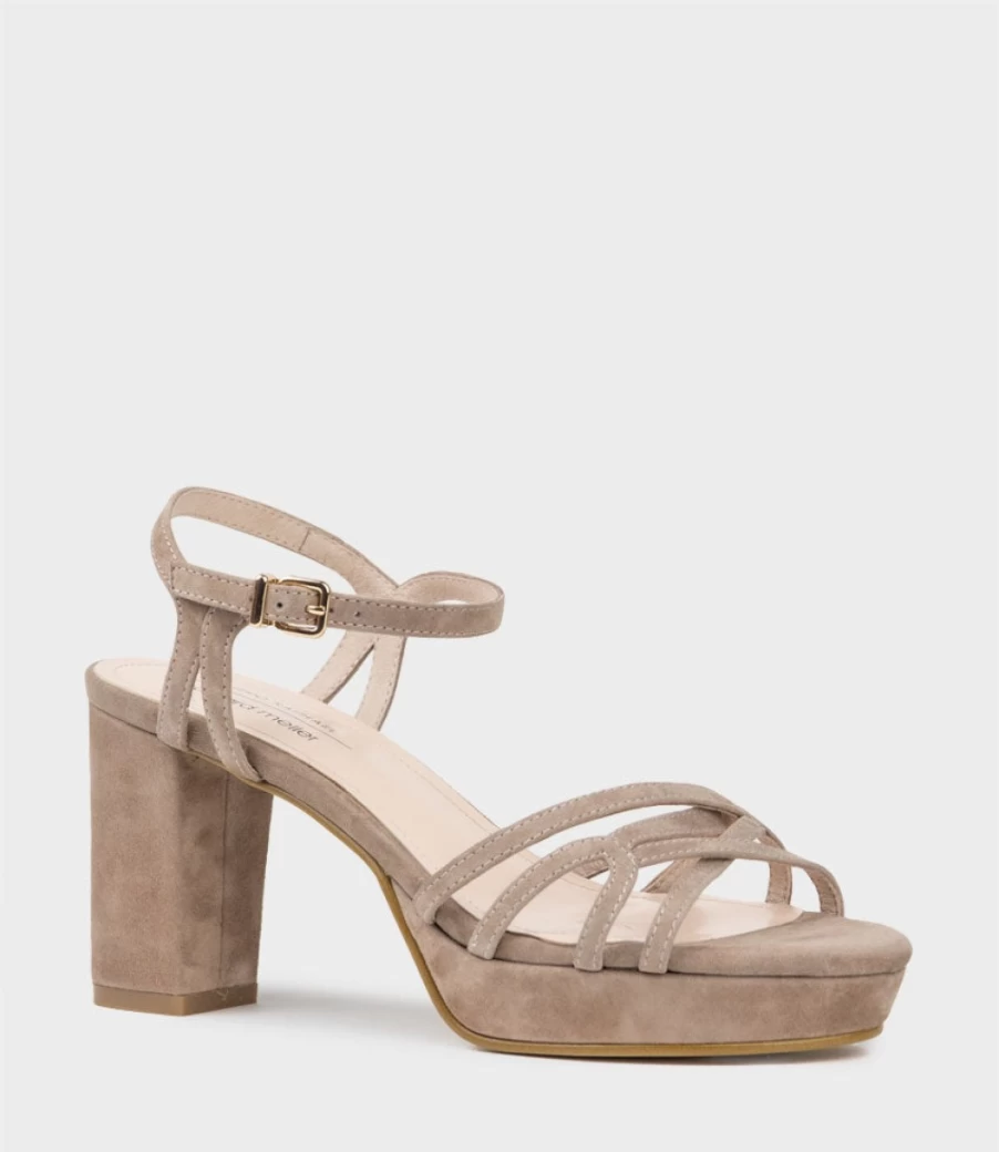 Edward Meller Women's Riva80 Multistrap Platform Sandal in Nude Suede
